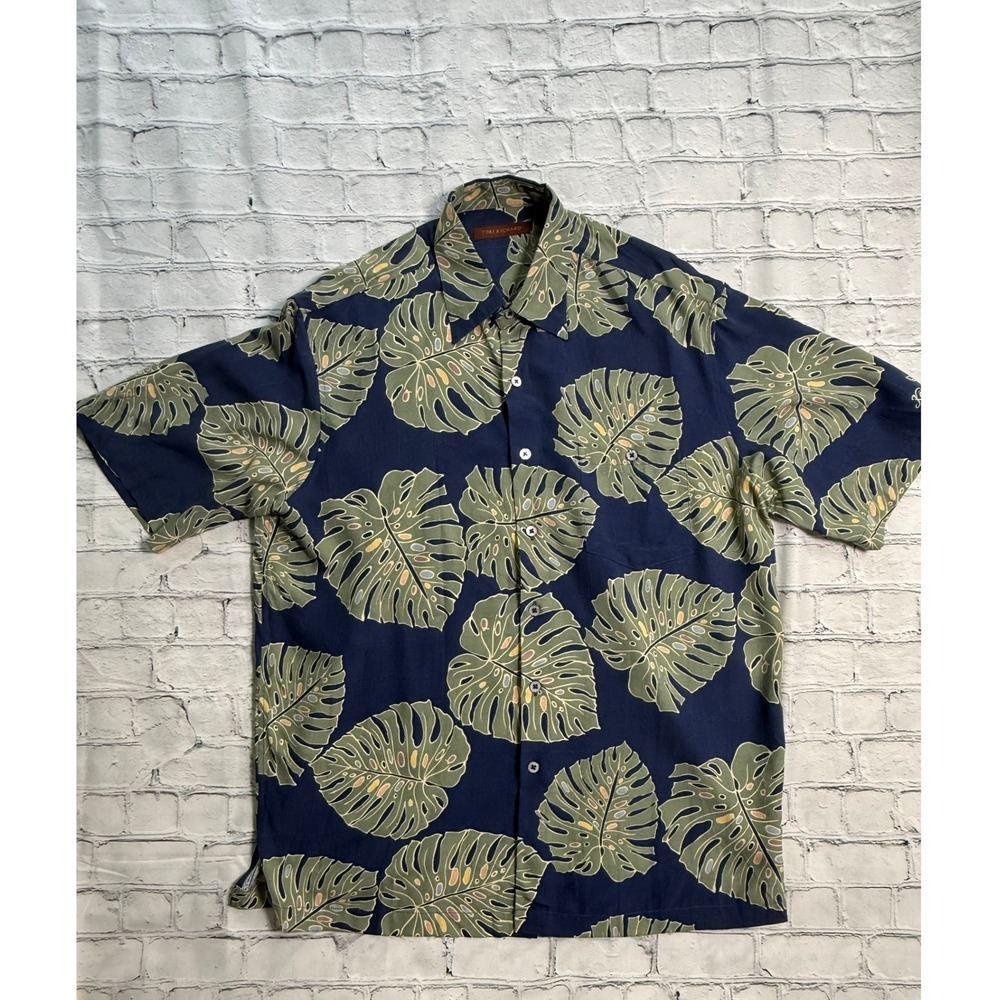 Tori Richard Silk Aloha Shirt Large Monstera Leaf Tropical Navy Ka'anapali